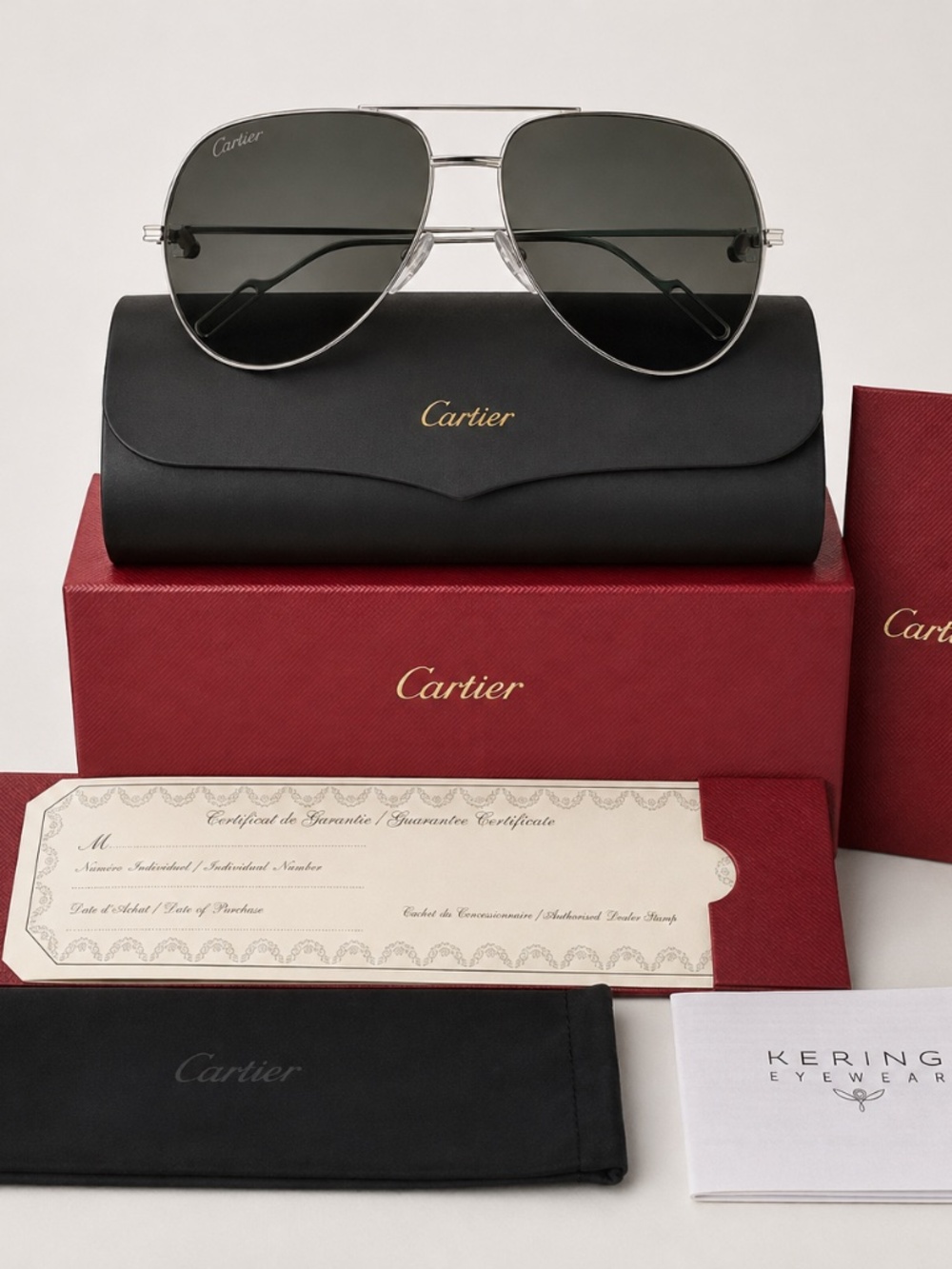 Cartier CT0110S 004 Aviator Sunglasses Silver Full Set Made in France